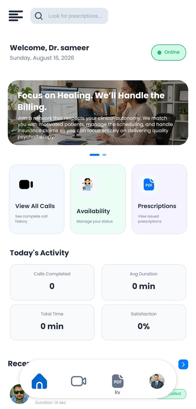 Doctor dashboard — availability, calls and prescriptions