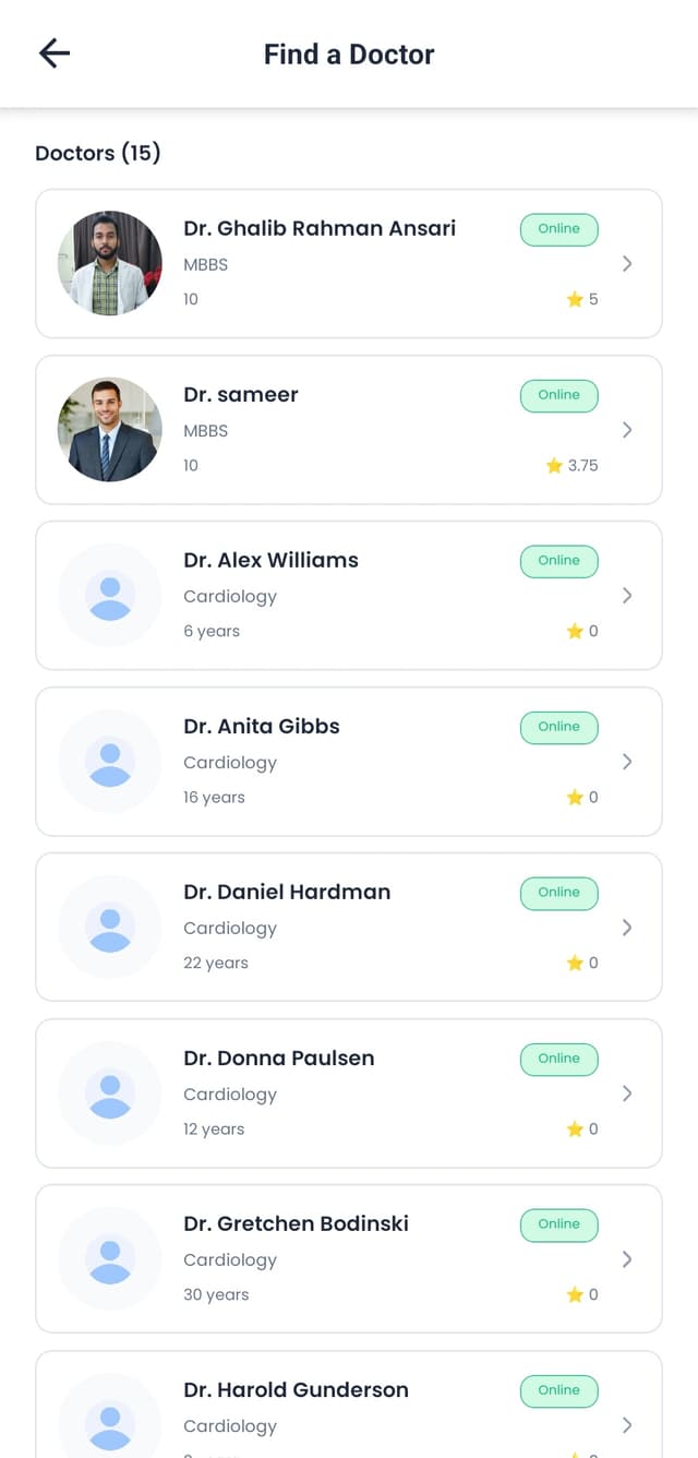 Find a Doctor — specialists and online status